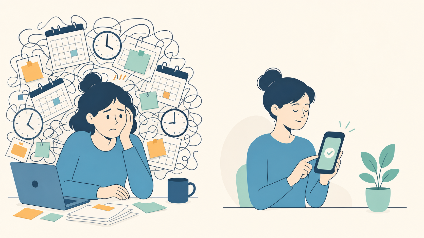 Illustration contrasting an overwhelmed person surrounded by tangled calendars with a calm person swiping a single suggestion on their phone