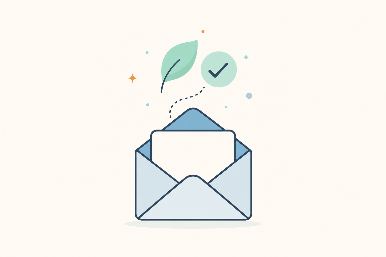 Illustration of an open envelope with a leaf and a soft checkmark floating above it