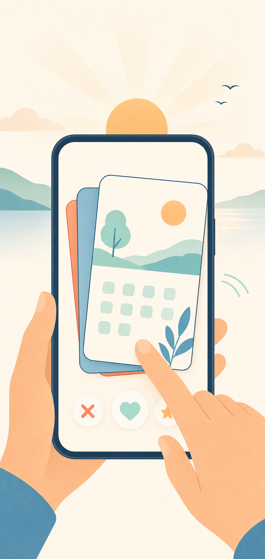 Illustration of a hand swiping a stack of calendar cards on a phone, with a glow behind it